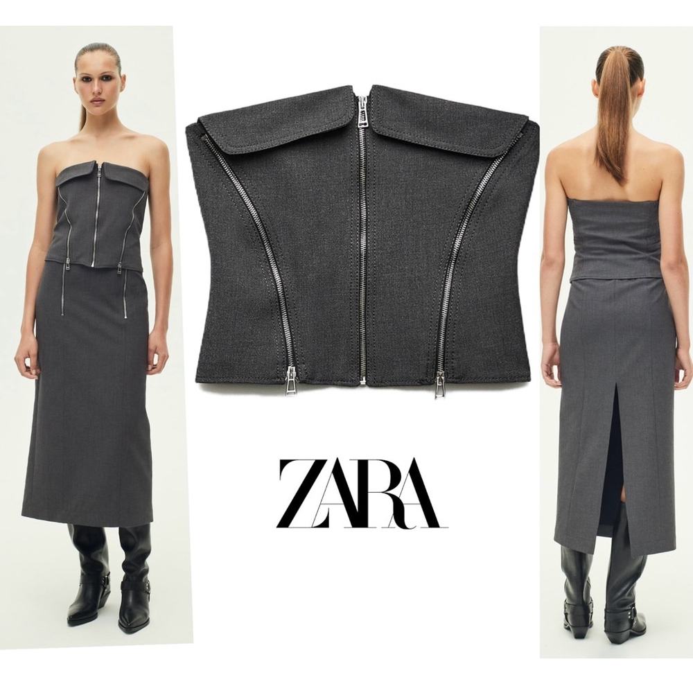 ZARA ZW COLLECTION GRAY BUSTIER ZIPPERED TOP Sz L sleeveless bloggers fave